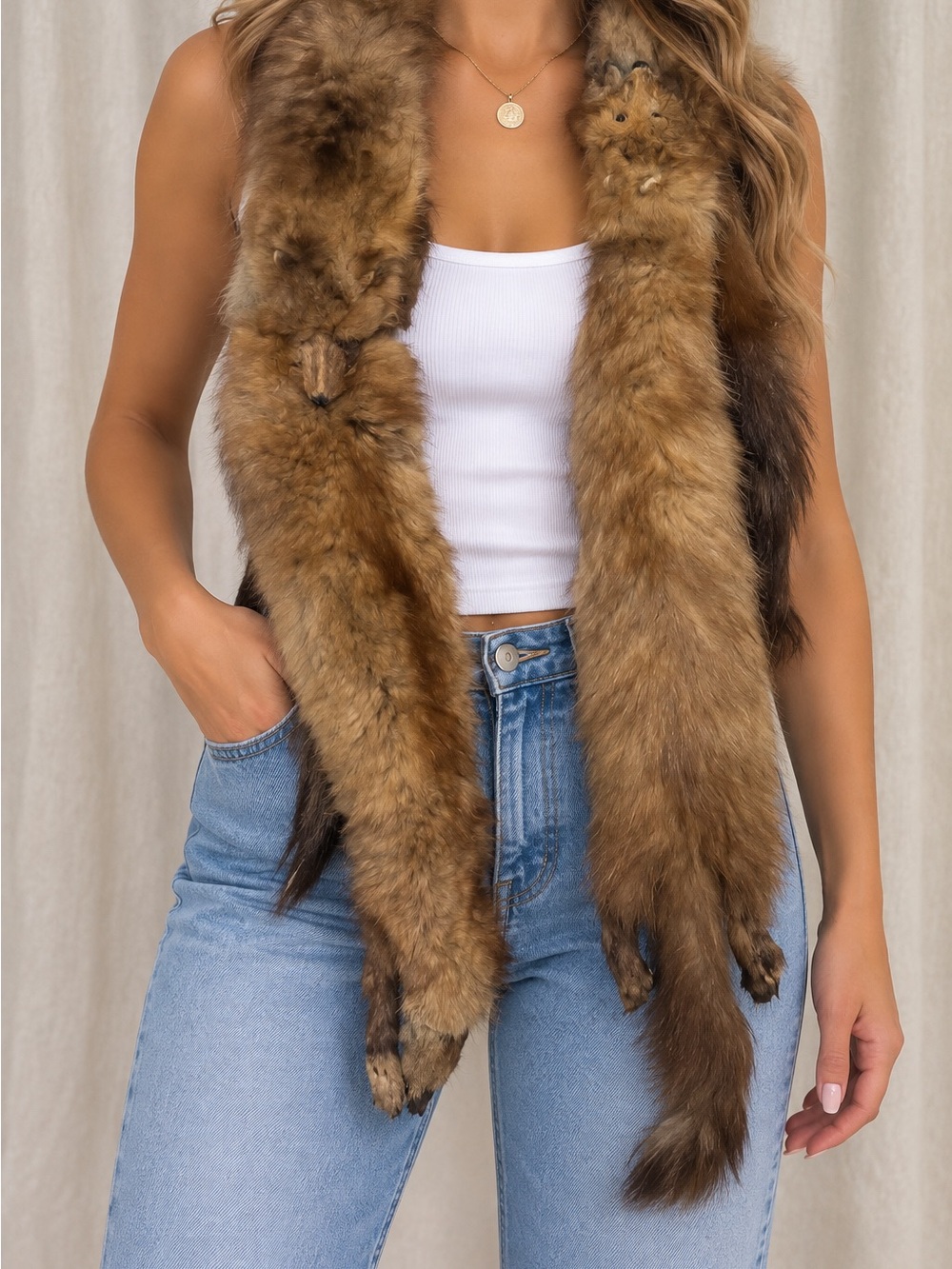 Vintage Real Fur Full Pelt Stole Wrap Heads Feet Tails Brown Mink Marten Style